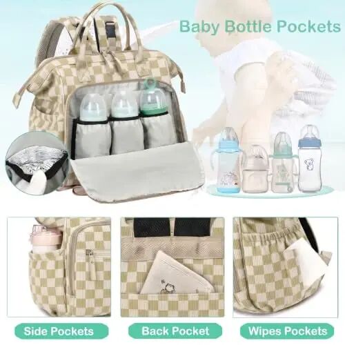 LORADI Large Diaper Bag Tote Backpack (Checkered, Large-20L) | 14 Pockets, Corduroy, Stroller Clips, 3 Insulated Pockets, Water-resistant - LORADI (1)