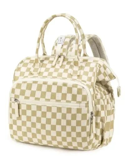 LORADI Large Diaper Bag Tote Backpack (Checkered, Large-20L) | 14 Pockets, Corduroy, Stroller Clips, 3 Insulated Pockets, Water-resistant - LORADI