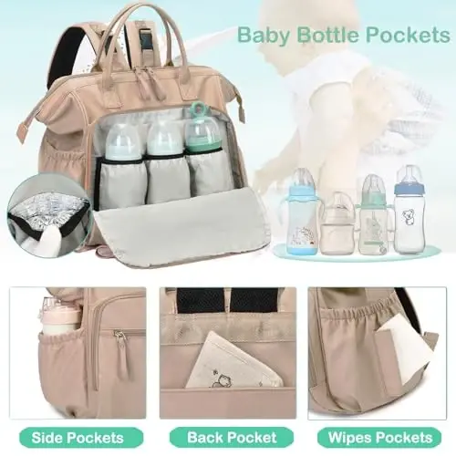 LORADI Large Diaper Bag Tote (Beige-1, Large-20L) | 14 Pockets, Convertible, Stroller Clips, 3 Insulated Pockets, Water-resistant - LORADI (1)