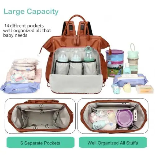 LORADI Large Diaper Bag Tote (Brown, Large-20L) | 14 Pockets, Convertible, Stroller Clips, 3 Insulated Pockets, Water-resistant - 2
