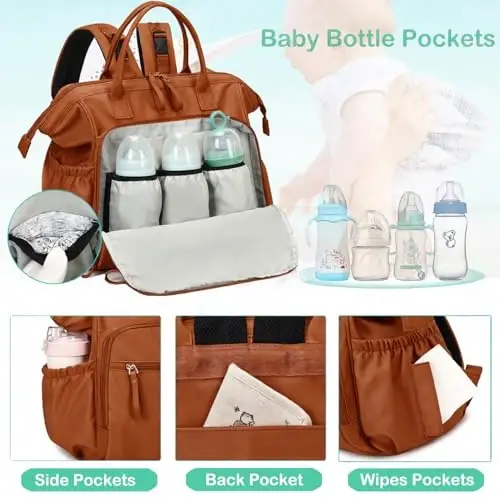 LORADI Large Diaper Bag Tote (Brown, Large-20L) | 14 Pockets, Convertible, Stroller Clips, 3 Insulated Pockets, Water-resistant - 3