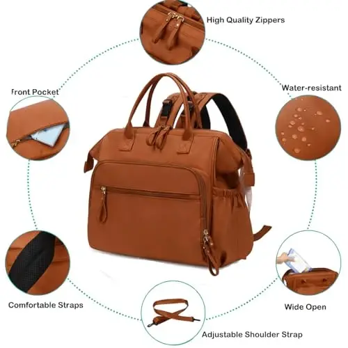 LORADI Large Diaper Bag Tote (Brown, Large-20L) | 14 Pockets, Convertible, Stroller Clips, 3 Insulated Pockets, Water-resistant - 4