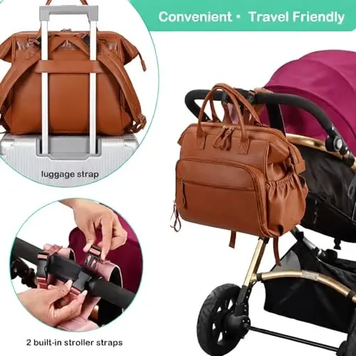 LORADI Large Diaper Bag Tote (Brown, Large-20L) | 14 Pockets, Convertible, Stroller Clips, 3 Insulated Pockets, Water-resistant - 5
