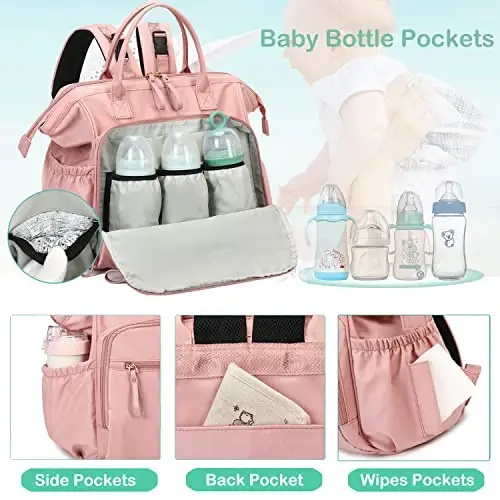 LORADI Large Diaper Bag Tote (Light-pink, Large-20L) | 14 Pockets, Convertible, Stroller Clips, 3 Insulated Pockets, Water-resistant - 3