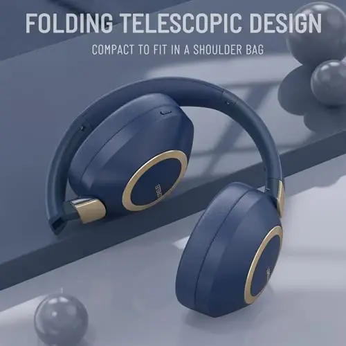 LORELEI B-C6 Wireless Over Ear Headphones, 50H Playtime Foldable Lightweight Bluetooth Headsets, Deep Bass, Built-in Microphone, Memory Foam Earmuff, for Travel, Home Office (Navy Blue) - 5