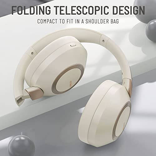 LORELEI B-C6 Wireless Over Ear Headphones, 50H Playtime Foldable Lightweight Bluetooth Headsets, Deep Bass, Built-in Microphone, Memory Foam Earmuff, for Travel, Home Office (Beige White) - 3