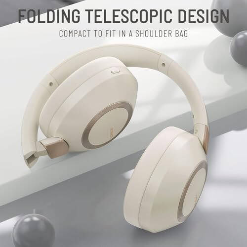 LORELEI B-C6 Wireless Over Ear Headphones, 50H Playtime Foldable Lightweight Bluetooth Headsets, Deep Bass, Built-in Microphone, Memory Foam Earmuff, for Travel, Home Office (Beige White) - 6