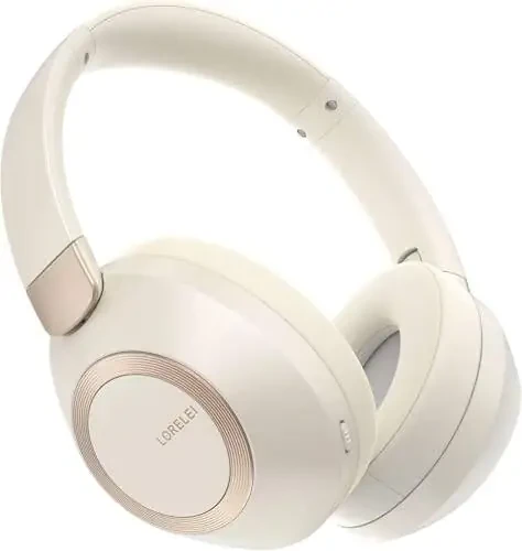 LORELEI B-C6 Wireless Over Ear Headphones, 50H Playtime Foldable Lightweight Bluetooth Headsets, Deep Bass, Built-in Microphone, Memory Foam Earmuff, for Travel, Home Office (Beige White) - 1