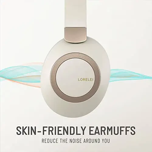 LORELEI B-C6 Wireless Over Ear Headphones, 50H Playtime Foldable Lightweight Bluetooth Headsets, Deep Bass, Built-in Microphone, Memory Foam Earmuff, for Travel, Home Office (Beige White) - 2