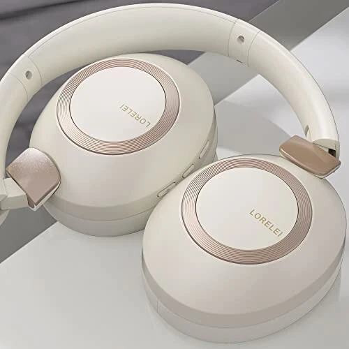 LORELEI B-C6 Wireless Over Ear Headphones, 50H Playtime Foldable Lightweight Bluetooth Headsets, Deep Bass, Built-in Microphone, Memory Foam Earmuff, for Travel, Home Office (Beige White) - 4