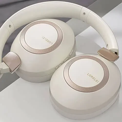 LORELEI B-C6 Wireless Over Ear Headphones, 50H Playtime Foldable Lightweight Bluetooth Headsets, Deep Bass, Built-in Microphone, Memory Foam Earmuff, for Travel, Home Office (Beige White) - 4