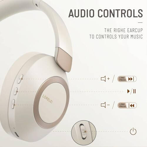 LORELEI B-C6 Wireless Over Ear Headphones, 50H Playtime Foldable Lightweight Bluetooth Headsets, Deep Bass, Built-in Microphone, Memory Foam Earmuff, for Travel, Home Office (Beige White) - 5
