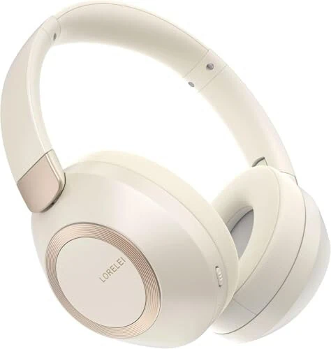 LORELEI B-C6 Wireless Over Ear Headphones, 50H Playtime Foldable Lightweight Bluetooth Headsets, Deep Bass, Built-in Microphone, Memory Foam Earmuff, for Travel, Home Office (Beige White) - LORELEI