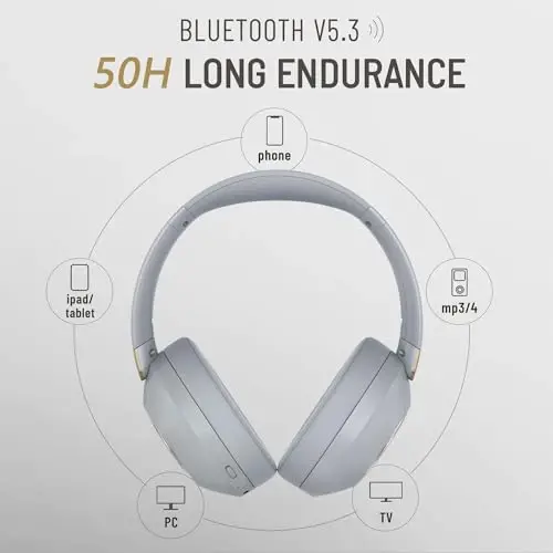 LORELEI B-C6 Wireless Over Ear Headphones, 50H Playtime Foldable Lightweight Bluetooth Headsets, Deep Bass, Built-in Microphone, Memory Foam Earmuff, for Travel, Home Office (Smoke Gray) - 3