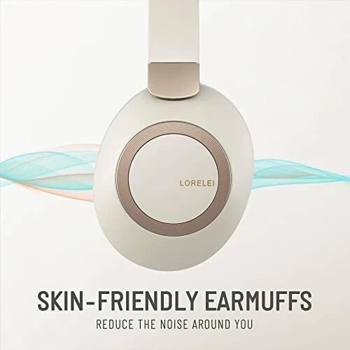 LORELEI B-C6 Wireless Over Ear Headphones, 50H Playtime Foldable Lightweight Bluetooth Headsets, Deep Bass, Built-in Microphone, Memory Foam Earmuff, for Travel, Home Office (Beige White) - 2