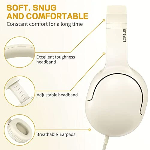 LORELEI E5 Bolalar uchun Simli Quloqchinlar Katlanadigan & 3.5 mm Jack Chaqirib bo'lmaydigan Neylon Simli Stereo Quloq Usti Quloqchinlar Bolalar / Bolalar / Maktab / Planshet / Ipad / Kiddle / Samolyot (Bej Oq) - LORELEI (1)