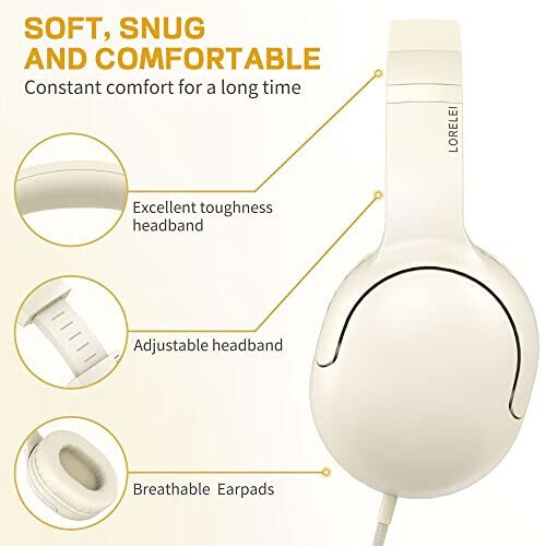 LORELEI E5 Wired Headphones for Kids Foldable & 3.5mm Jack Tangle Free Nylon Wire Stereo On Ear Headsets for Kids/Children/School/Tablet/Ipad/Kiddle/Plane (Beige White) - LORELEI (1)