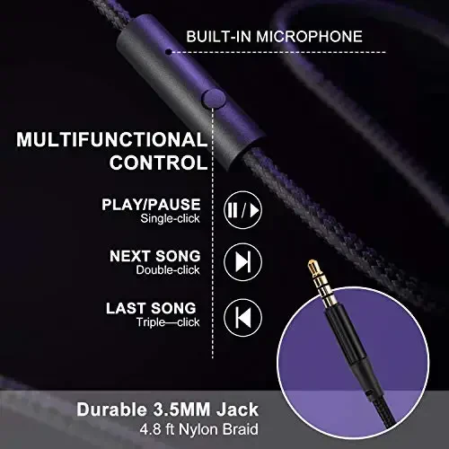 Lorelei X6 mikrofonli quloqchinlar, binafsha-qora yengil buklanadigan va ko'chma stereo bas, smartfon va planshet, MP3 uchun simli (1.45M chalkashmas) - 6