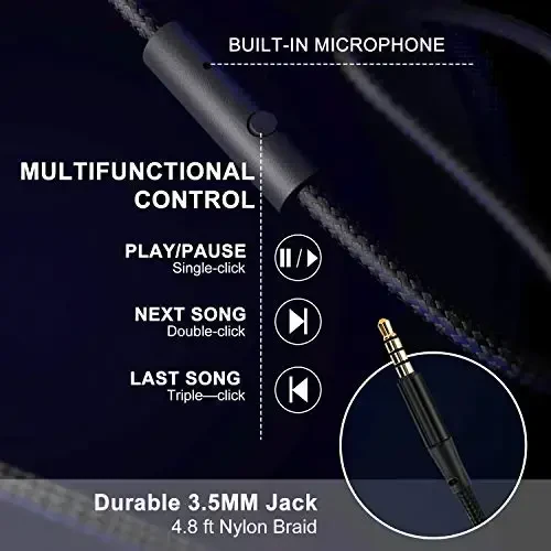 LORELEI X6 Mikrofonli quloqchinlar, Yengil buklanadigan & Portativ Stereo Bass quloqchinlar, 1.45M Chigallashmaydigan simli quloqchinlar Smartphone planshet MP3 / 4 uchun (To'q ko'k) - 5