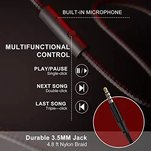 LORELEI X6 Mikrofonli quloqchinlar, Yengil katlanadigan va portativ stereo basli quloqchinlar, 1,45M chalkashmaydigan, Smartfon planshet MP3 / 4 uchun simli quloqchinlar (Qora-Qizil) - 5