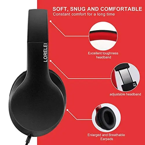 LORELEI X6 Mikrofonli quloqchinlar, Yengil katlanadigan va portativ stereo basli quloqchinlar, 1,45M chalkashmaydigan, Smartfon planshet MP3 / 4 uchun simli quloqchinlar (Qora-Qizil) - 4