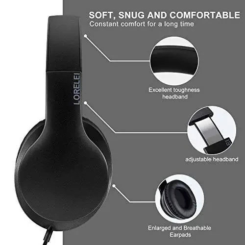 LORELEI X6 Over-Ear Wired Stereo Bass Headphones with Microphone, Lightweight, Foldable & Portable with 1.45M No-Tangle for Smartphone, Tablet, MP3/4, Space Black - 4