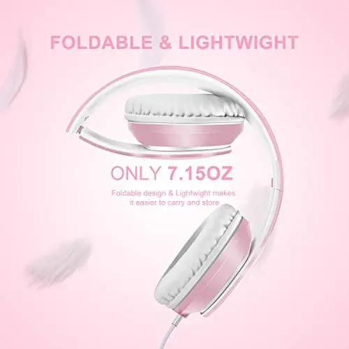 LORELEI X6 Over-Ear Headphones with Microphone, Lightweight Foldable & Portable Stereo Bass Headphones with 1.45M No-Tangle, Wired Headphones for Smartphone Tablet MP3 / 4 (Pearl Pink) - 4