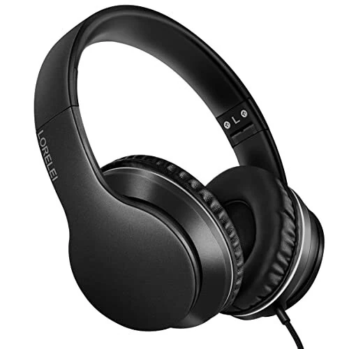 LORELEI X6 Over-Ear Headphones with Microphone, Lightweight Foldable & Portable Stereo Bass Headphones with 1.45M No-Tangle, Wired Headphones for Smartphone Tablet MP3 / 4 (Space Black) - LORELEI