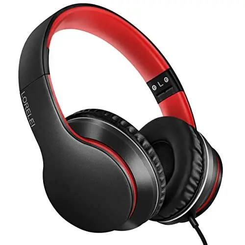 LORELEI X6 Over-Ear Headphones with Microphone, Lightweight Foldable & Portable Stereo Bass Headphones with 1.45M No-Tangle,Wired Headphones for Smartphone Tablet MP3 / 4 (Black-Red) - 1