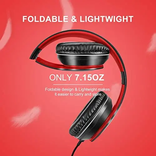 LORELEI X6 Over-Ear Headphones with Microphone, Lightweight Foldable & Portable Stereo Bass Headphones with 1.45M No-Tangle,Wired Headphones for Smartphone Tablet MP3 / 4 (Black-Red) - 3