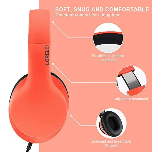LORELEI X6 Over-Ear Headphones with Microphone, Lightweight Foldable & Portable Stereo Bass Headphones with 1.45M No-Tangle,Wired Headphones for Smartphone Tablet MP3 / 4 (Vitality Orange) - 4