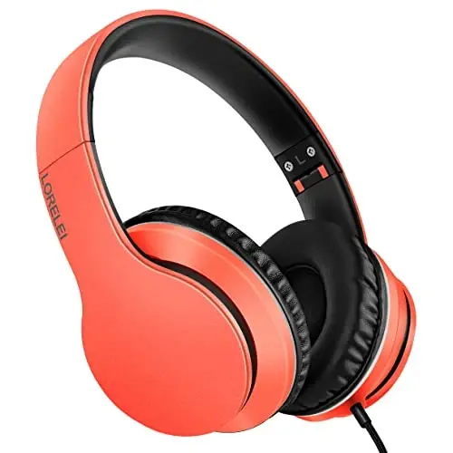 LORELEI X6 Over-Ear Headphones with Microphone, Lightweight Foldable & Portable Stereo Bass Headphones with 1.45M No-Tangle,Wired Headphones for Smartphone Tablet MP3 / 4 (Vitality Orange) 