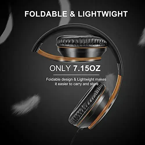 LORELEI X6 Over-Ear Headphones With Microphone, Lightweight Foldable & Portable Stereo Bass With 1.45M No-Tangle Wired for Smartphone Tablet MP3/4 (Black-Gold) - 3