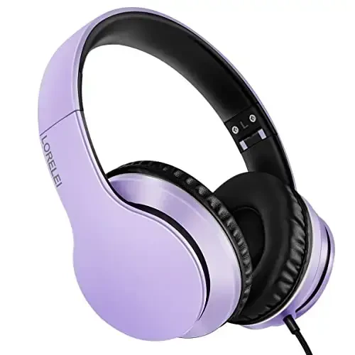 Lorelei X6 Over-Ear Headphones with Microphone, Purple-Black Lightweight Foldable & Portable Stereo Bass, Wired for Smartphone & Tablet, MP3 (1.45M No-Tangle) - LORELEI