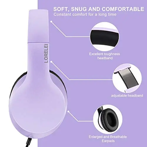 Lorelei X6 Over-Ear Headphones with Microphone, Purple-Black Lightweight Foldable & Portable Stereo Bass, Wired for Smartphone & Tablet, MP3 (1.45M No-Tangle) - 3