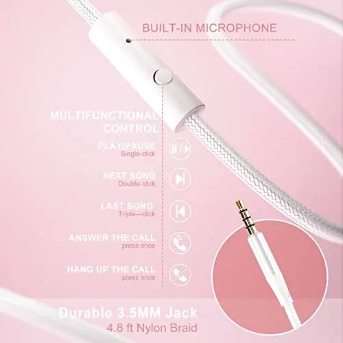 LORELEI X8 Over-Ear Wired Headphones with Microphone with 1.45m-Tangle-Free Nylon Line&3.5mm Plug,Lightweight Foldable & Portable Headphones for Smartphone,Tablet,Computer,Mp3/4（Pearl Pink） - 6