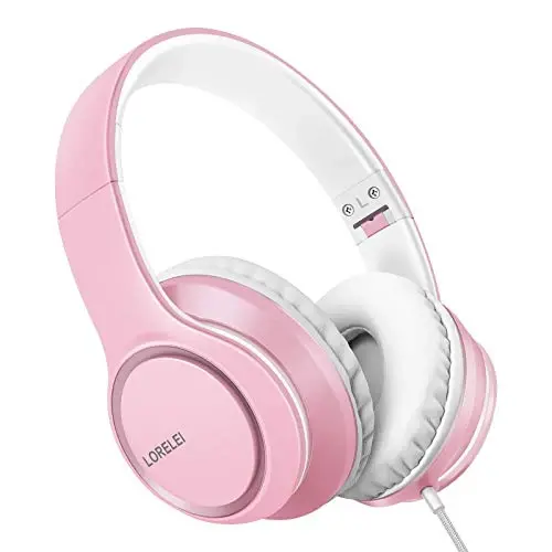 LORELEI X8 Over-Ear Wired Headphones with Microphone with 1.45m-Tangle-Free Nylon Line&3.5mm Plug,Lightweight Foldable & Portable Headphones for Smartphone,Tablet,Computer,Mp3/4（Pearl Pink） - 1