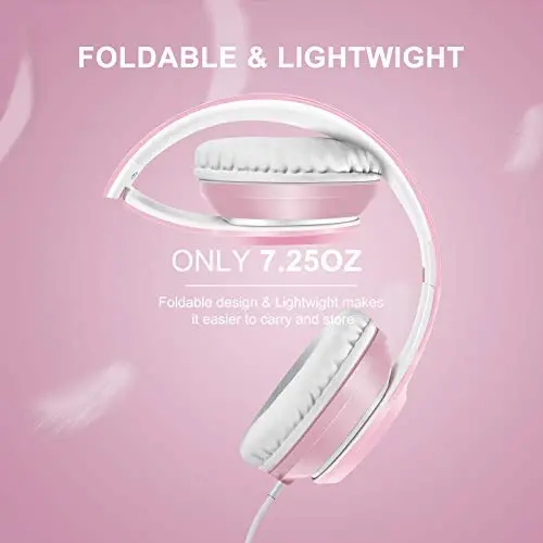 LORELEI X8 Over-Ear Wired Headphones with Microphone with 1.45m-Tangle-Free Nylon Line&3.5mm Plug,Lightweight Foldable & Portable Headphones for Smartphone,Tablet,Computer,Mp3/4（Pearl Pink） - 4