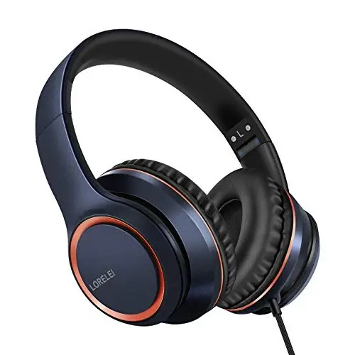 LORELEI X8 Over-Ear Wired Headphones with Microphone with 1.45m-Tangle-Free Nylon Line&3.5mm Plug,Lightweight Foldable & Portable Headphones for Smartphone,Tablet,Computer,Mp3/4(Dark Blue) - 1