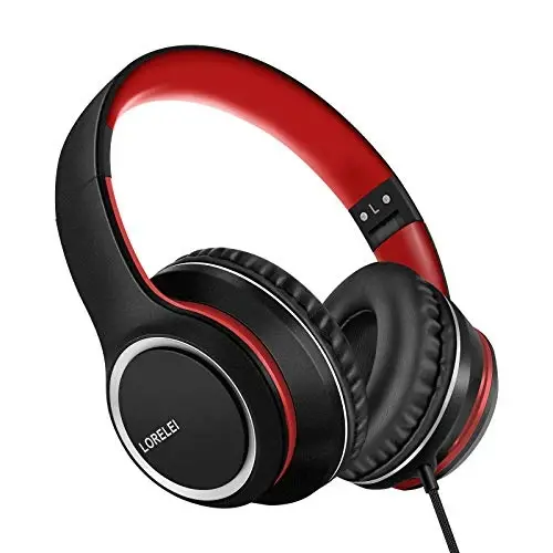 LORELEI X8 Over-Ear Wired Headphones with Microphone with 1.45m-Tangle-Free Nylon Line&3.5mm Plug,Lightweight Foldable & Portable Headphones for Smartphone,Tablet,Computer,Mp3/4(Black-red) 