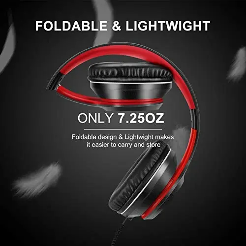 LORELEI X8 Over-Ear Wired Headphones with Microphone with 1.45m-Tangle-Free Nylon Line&3.5mm Plug,Lightweight Foldable & Portable Headphones for Smartphone,Tablet,Computer,Mp3/4(Black-red) - 4