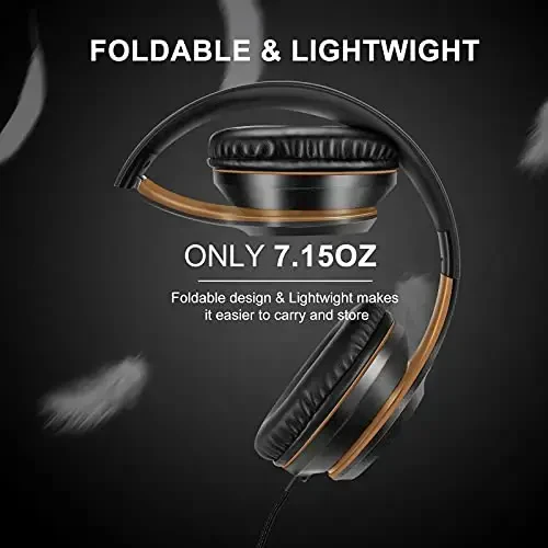 Lorelei X8 Over-Ear Wired Headphones with Microphone with 1.45m-Tangle-Free Nylon Line&3.5mm Plug,Lightweight Foldable & Portable Headphones for Smartphone,Tablet,Computer,Mp3/4(Black-Gold) - 3