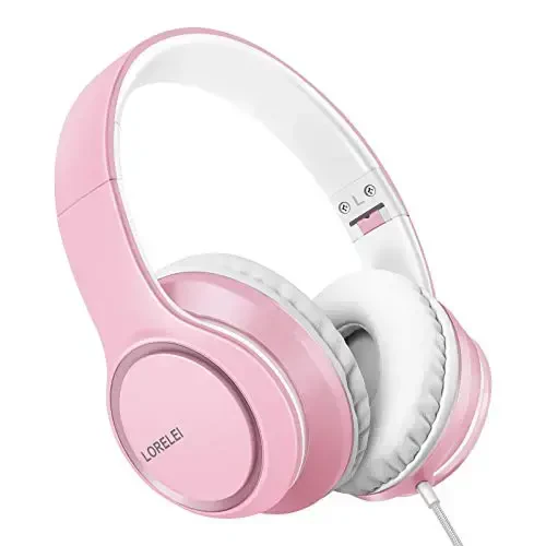 LORELEI X8 Over-Ear Wired Headphones with Microphone with 1.45m-Tangle-Free Nylon Line&3.5mm Plug,Lightweight Foldable & Portable Headphones for Smartphone,Tablet,Computer,Mp3/4（Pearl Pink） - LORELEI