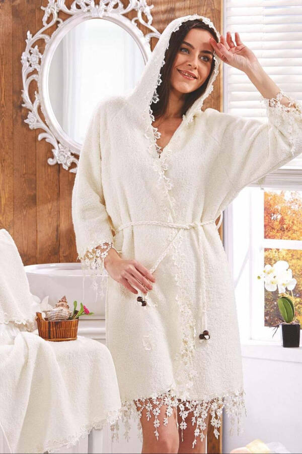 Lorena Cream Women's French Lace Honeymoon Trousseau Fancy Bathrobe Set - 1