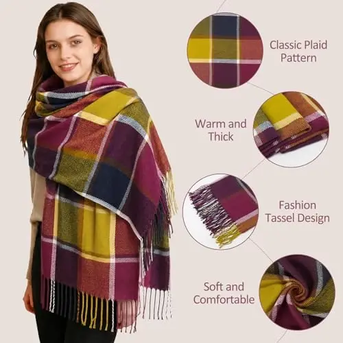 Loritta Winter Scarf for Women, Long Plaid Shawl Wraps Scarves Gifts | Large Fall Scarfs, Big Grid Tartan Blanket, Soft Warm Chunky Oversized, Lattice Tassels, Stocking Stuffers, Christmas gift - 3