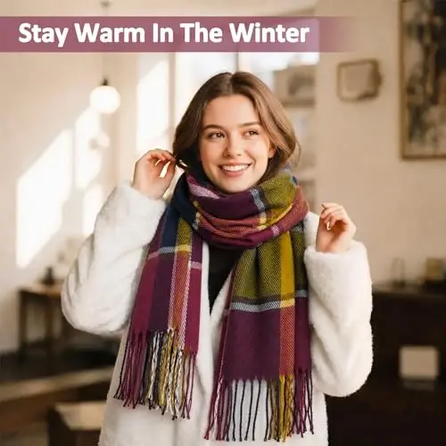 Loritta Winter Scarf for Women, Long Plaid Shawl Wraps Scarves Gifts | Large Fall Scarfs, Big Grid Tartan Blanket, Soft Warm Chunky Oversized, Lattice Tassels, Stocking Stuffers, Christmas gift - 4
