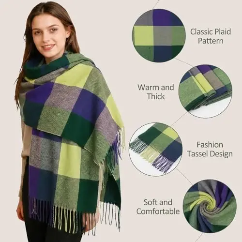 Loritta Winter Scarf for Women, Long Plaid Shawl Wraps Scarves Gifts | Large Fall Scarfs, Big Grid Tartan Blanket, Soft Warm Chunky Oversized, Lattice Tassels, Stocking Stuffers, Christmas gift - 3
