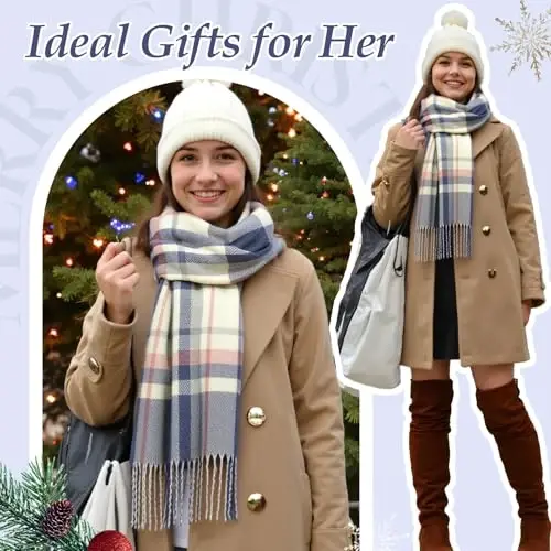 Loritta Winter Scarf for Women, Long Plaid Shawl Wraps Scarves Gifts | Large Fall Scarfs, Big Grid Tartan Blanket, Soft Warm Chunky Oversized, Lattice Tassels, Stocking Stuffers, Christmas gift - 6