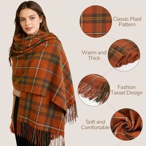 Loritta Winter Scarf for Women, Long Plaid Shawl Wraps Scarves Gifts | Large Fall Scarfs, Big Grid Tartan Blanket, Soft Warm Chunky Oversized, Lattice Tassels, Stocking Stuffers, Christmas gift - 4