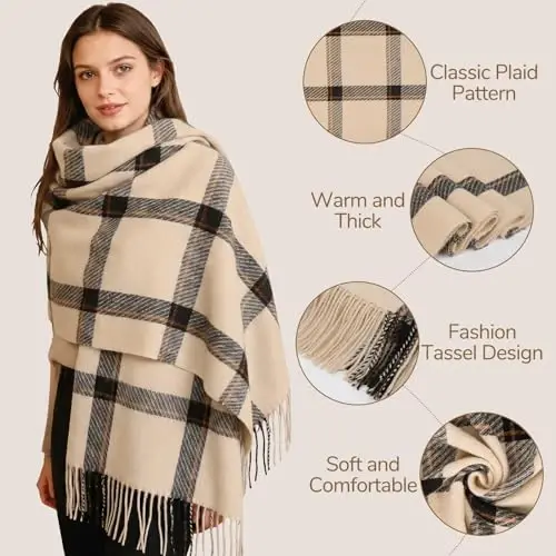 Loritta Winter Scarf for Women, Long Plaid Shawl Wraps Scarves Gifts | Large Fall Scarfs, Big Grid Tartan Blanket, Soft Warm Chunky Oversized, Lattice Tassels, Stocking Stuffers, Christmas gift - 4